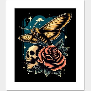 Moth skull and rose Posters and Art